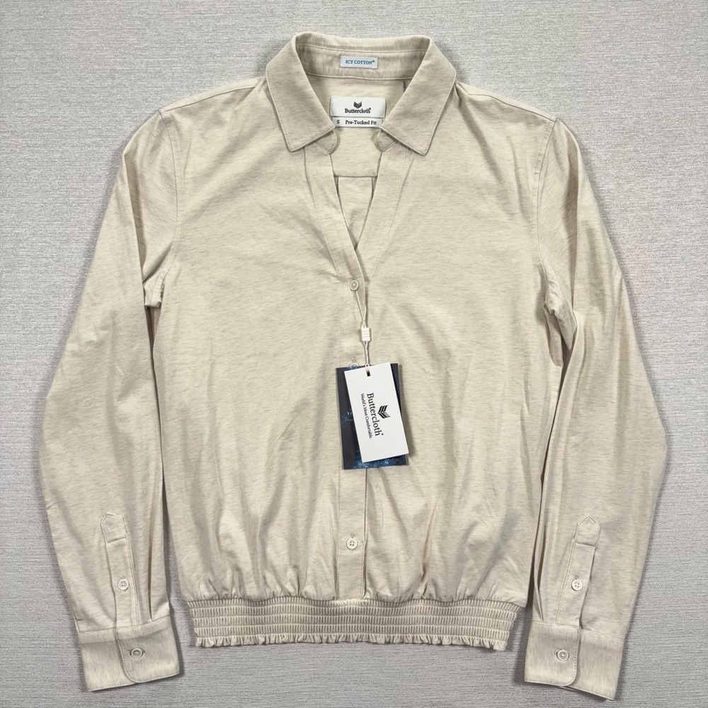 Buttercloth Shirt Womens Small Heather Cream Icy Cotton Pre-Tucked Fit Pullover